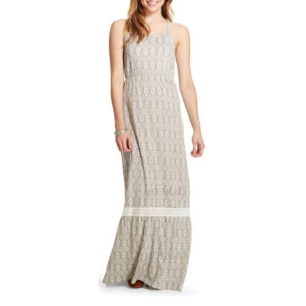 Mossimo Racerback Spaghetti Strap Maxi Dress Lace Gray Cream Geo Summer‎ Vacay